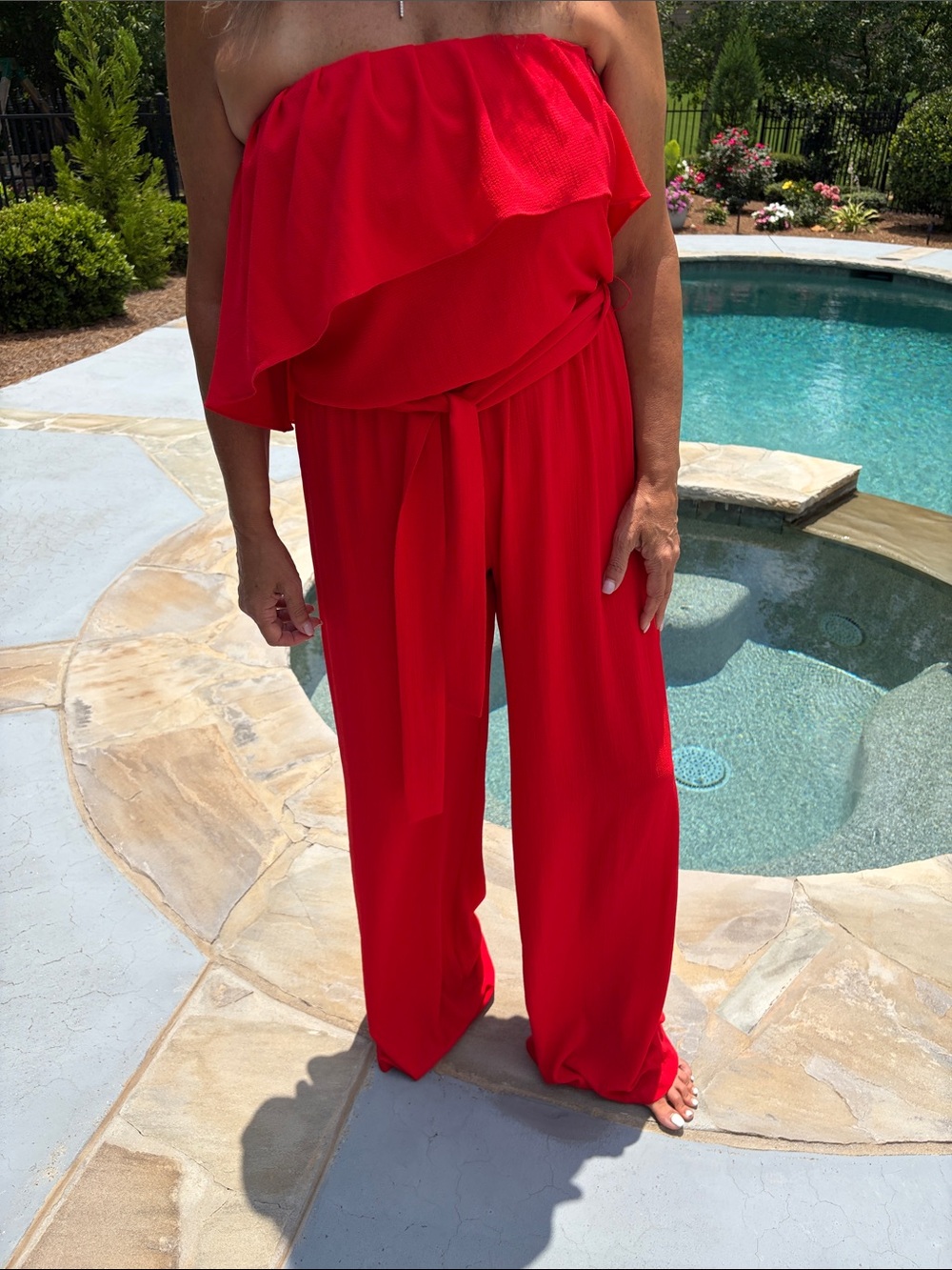 Strapless Ruffle-Waist Red Wide-Leg Jumpsuit with Tie Belt
